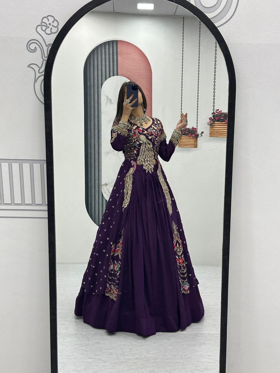 Mani purple Vichitra silk crop top peacock design lehenga with embroidered shrug