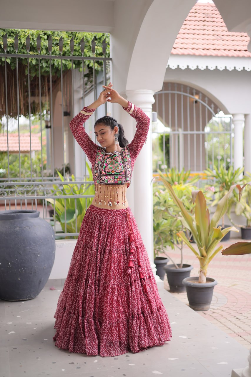 Anjali Brown Faux Georgette Bandhani Kutchi Patchework Lehenga