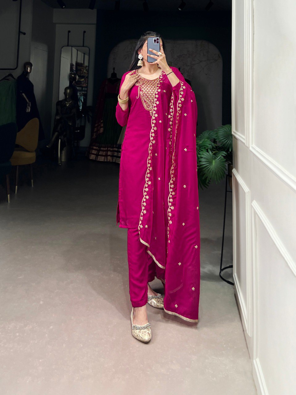 Pink Organza Sequins & Thread Work Embroidered Kurti Set with Dupatta