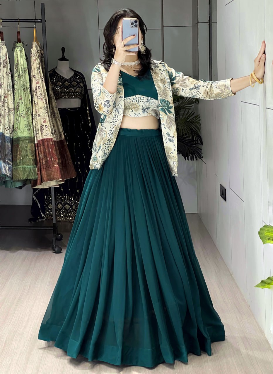 Alka Teal Green Color Georgette Foil Printed Lehenga Choli with Koti