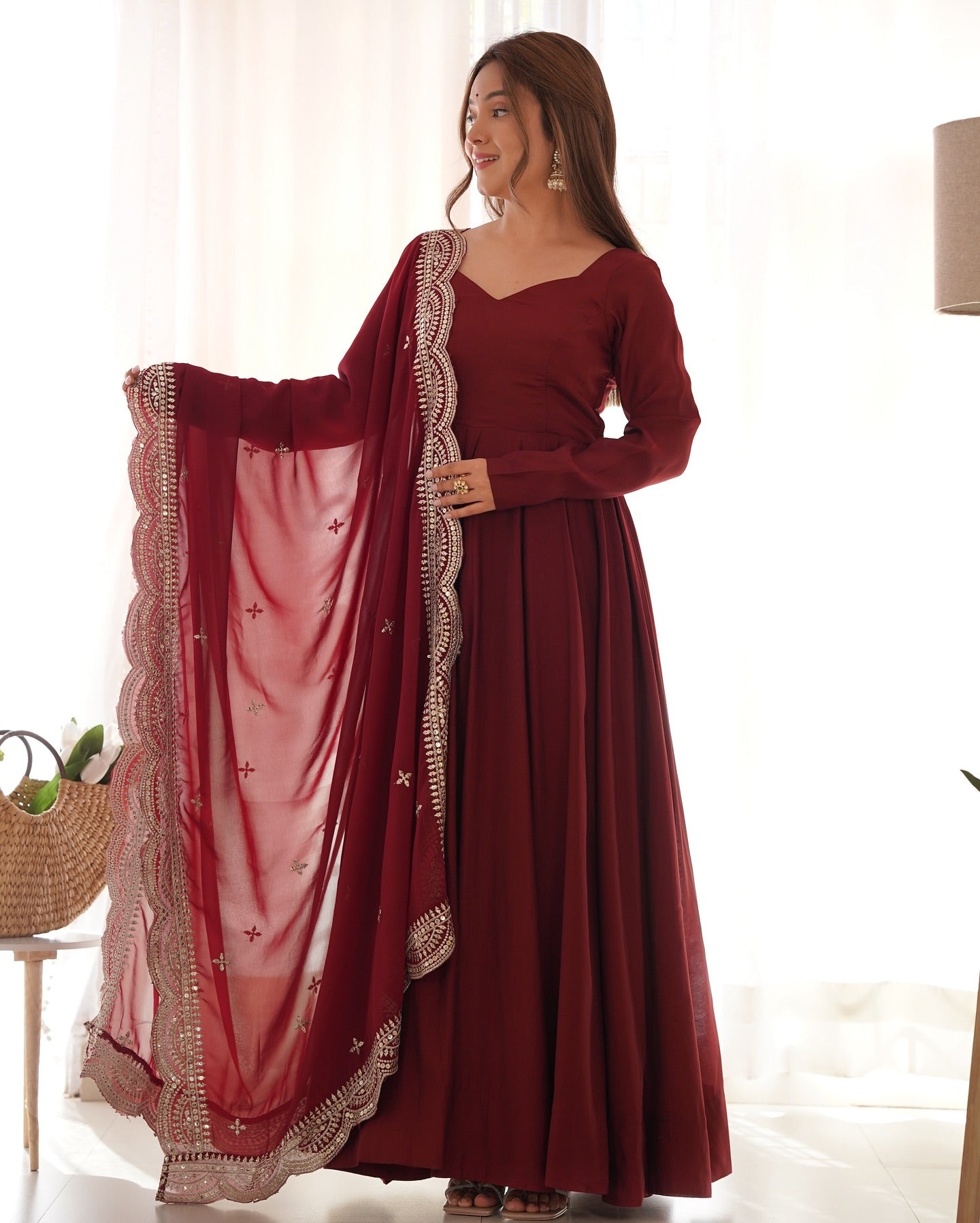 Prema brown Chanderi silk Anarkali suit set