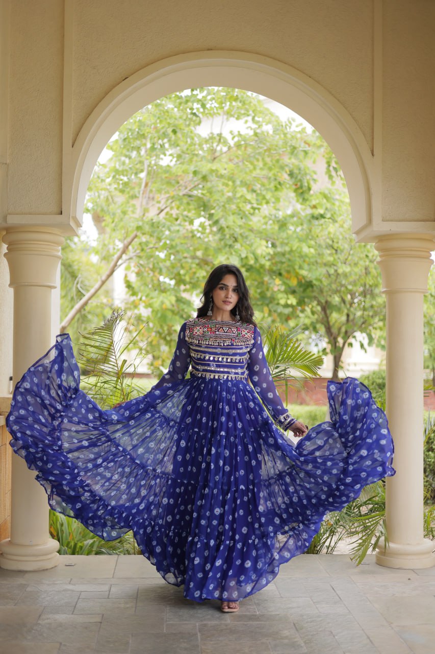 Lavanya Blue Faux Georgette Bandhani Kutchi Patchwork Gown