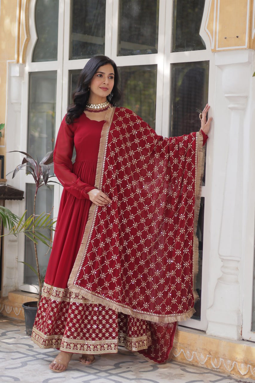 Avishka Maroon Embroidered Anarkali Gown Set