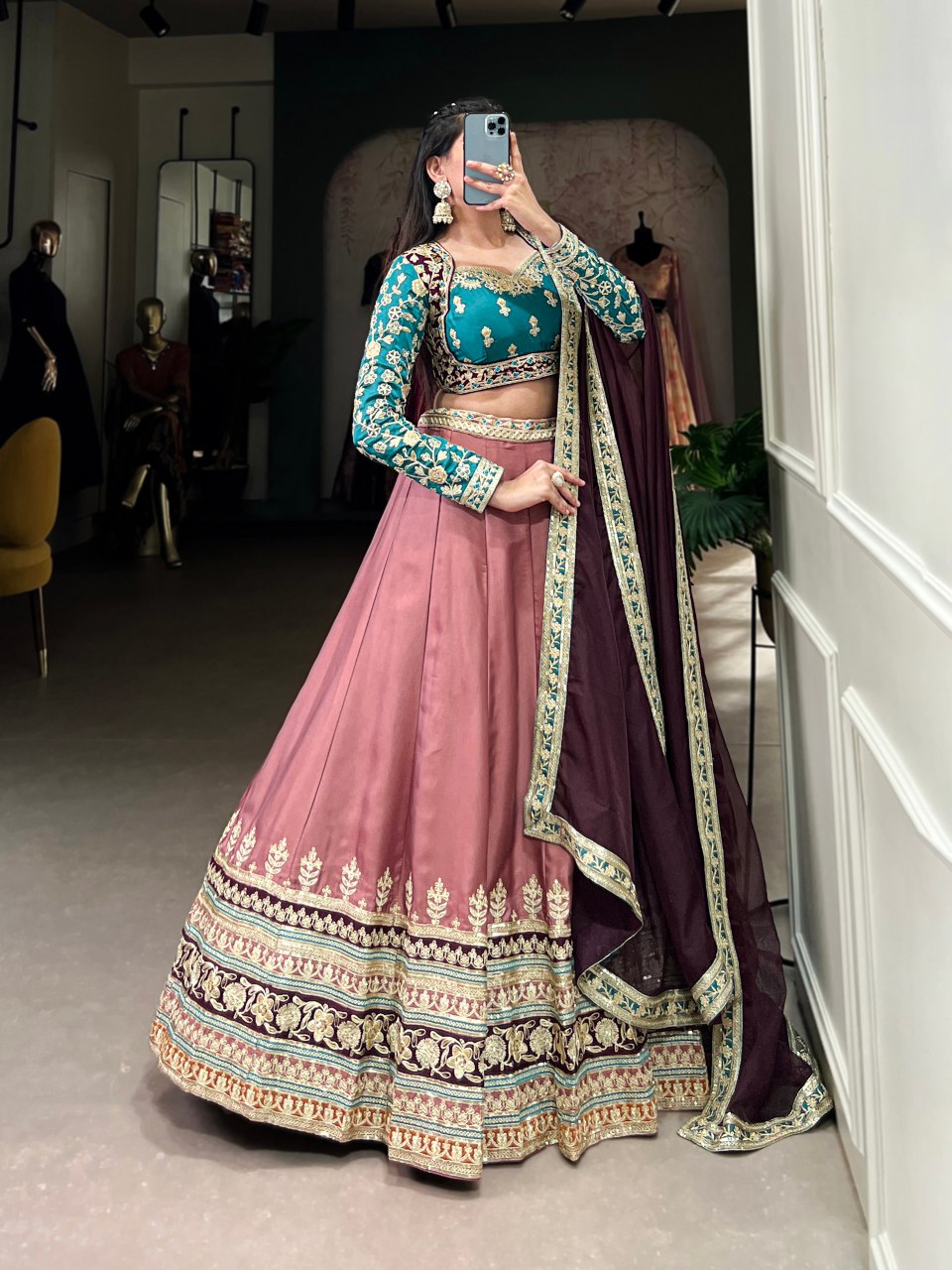Sanaya multicolor floral embroidered silk lehenga set