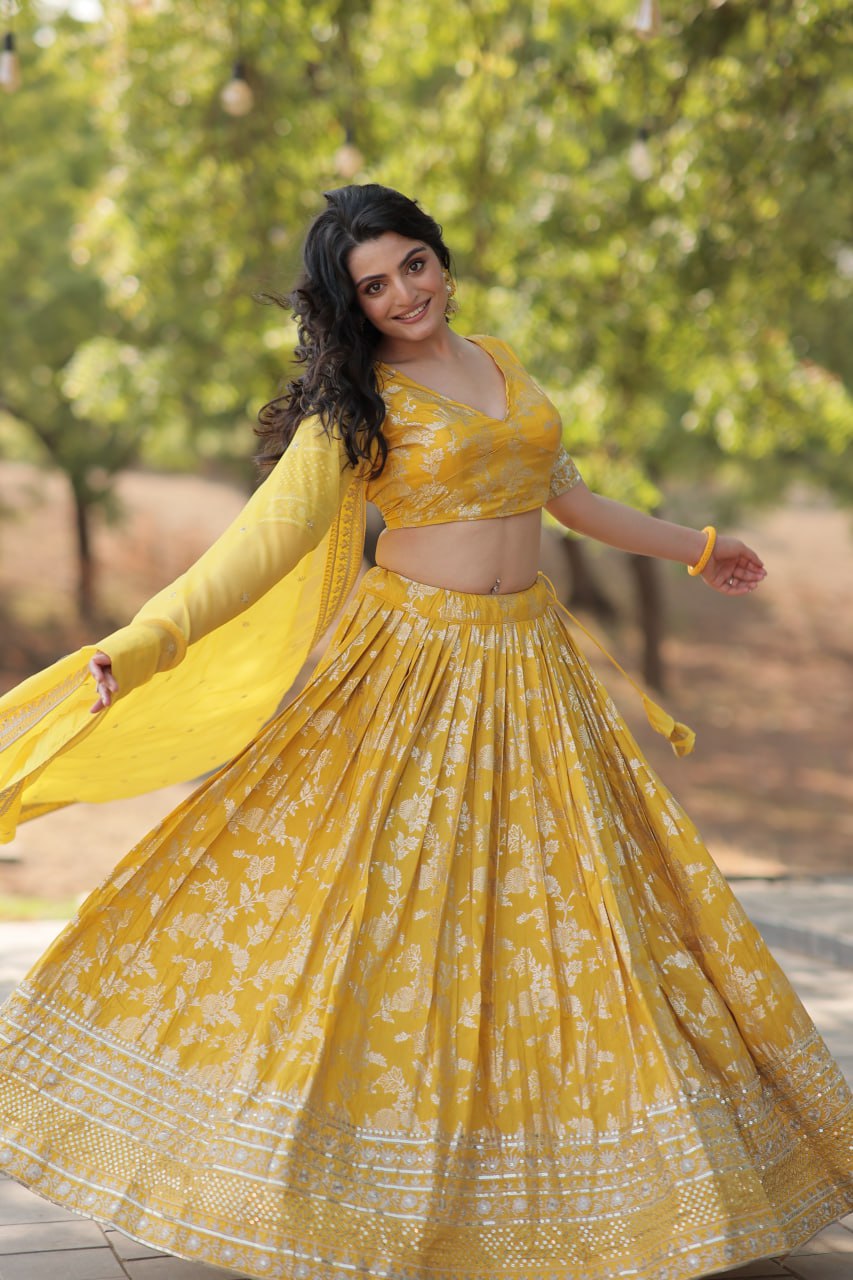 Pranshi yellow viscose jacquard lehenga choli set