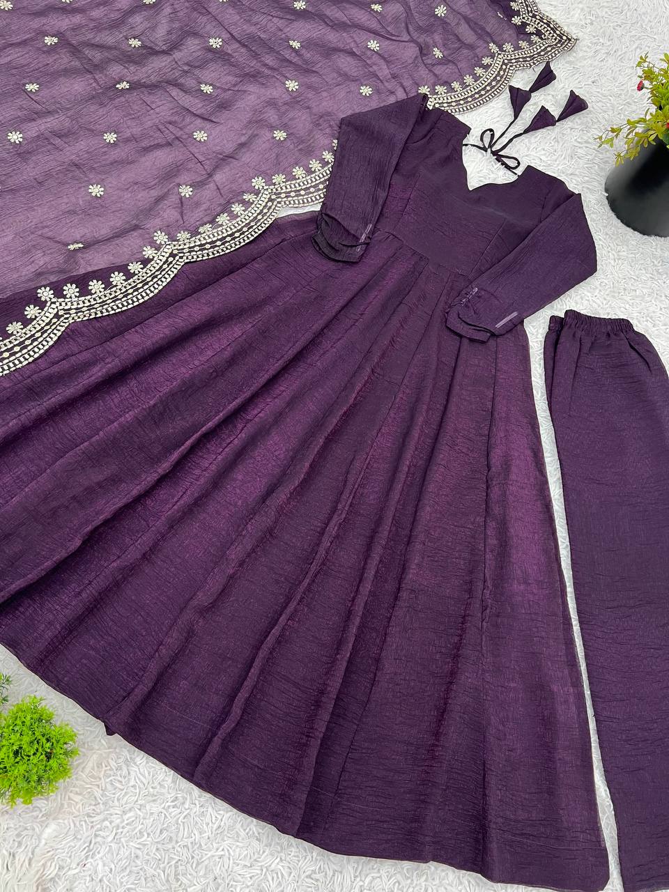 Tiya purple Fandy Silk Anarkali suit with 4.5-meter flair, full sleeves & embroidered dupatta – stitched & ready for weddings, parties & festive wear.