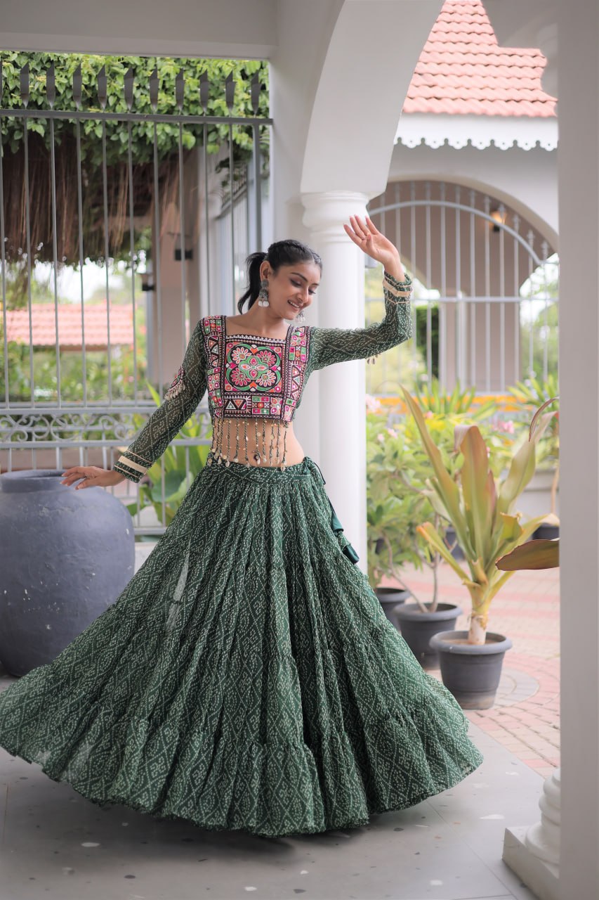 Anjali Green Faux Georgette Bandhani Kutchi Patchework Lehenga