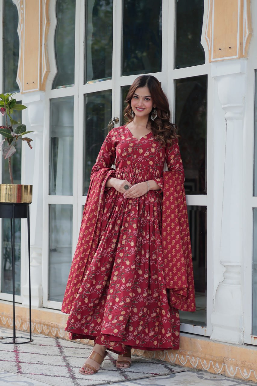 Red pure cotton Anarkali suit set for women with dupatta, breathable ethnic wear featuring block print design, flared kurta with pants and soft dupatta, ideal for daily wear, casual outings, office ethnic looks, and summer festive styles in lightweight Indian cotton fashion.
