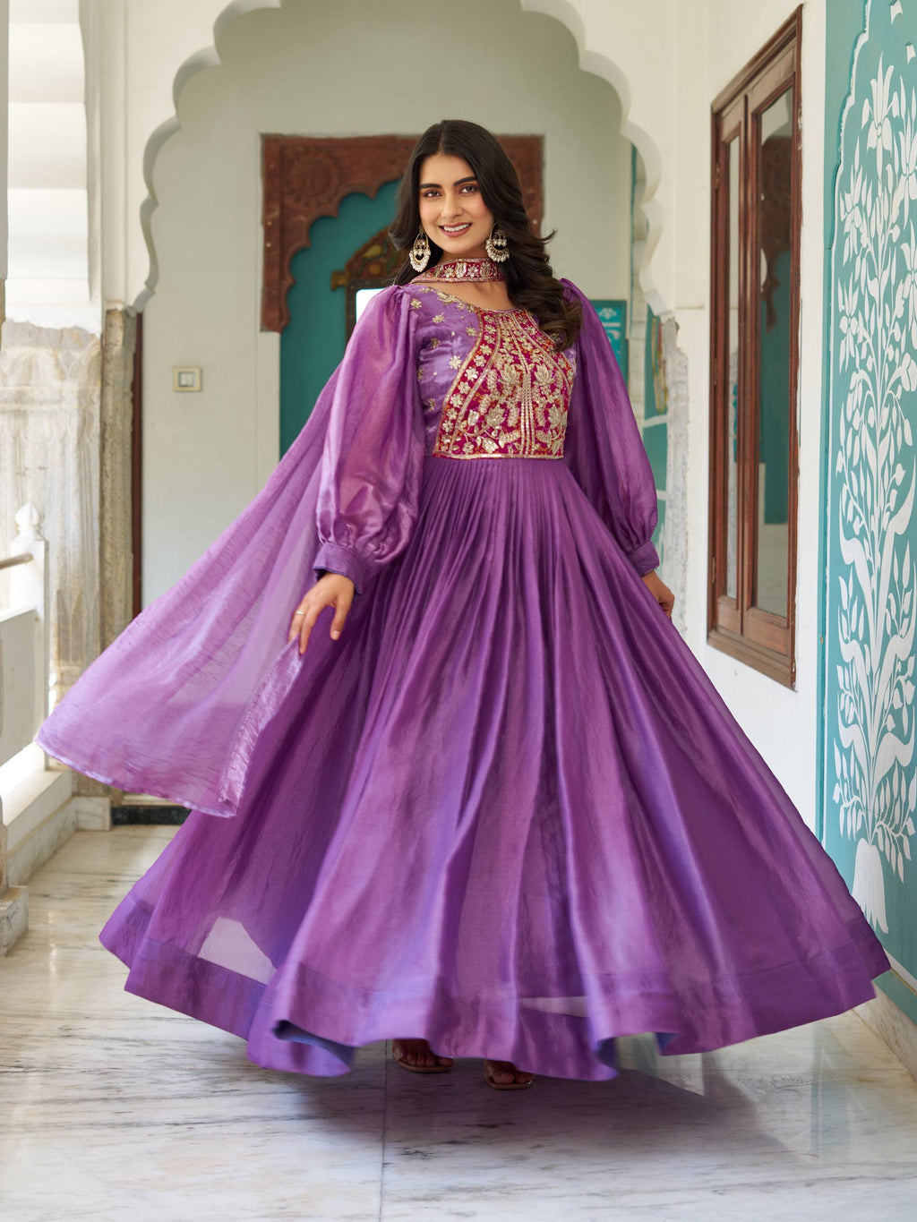 Ritu Purple Color Fendy Silk Sequins Thread Embroidery Work Gown with Dupatta