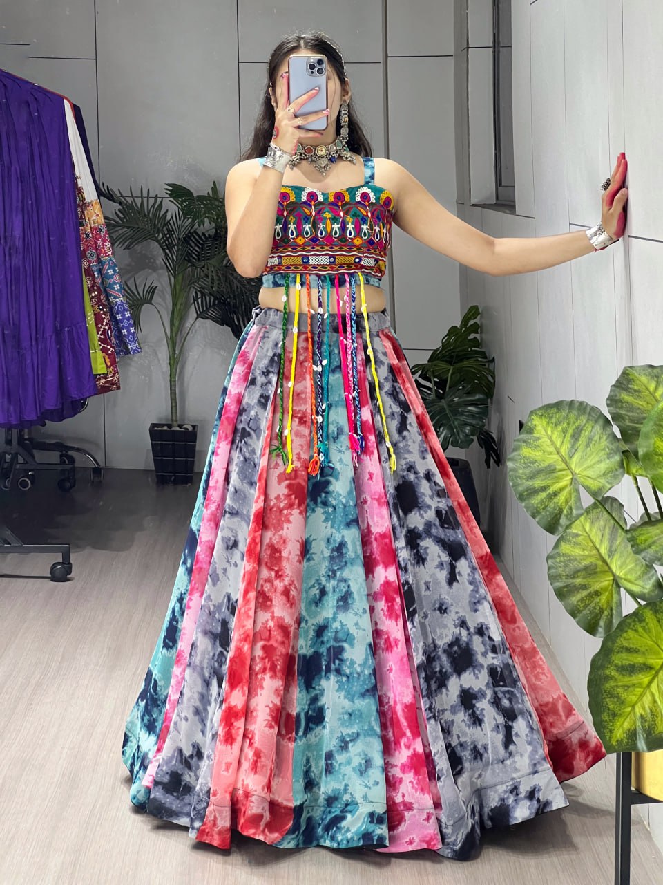 Multicolor Shibori Print Kutchi Work Georgette Fancy Top Lehenga