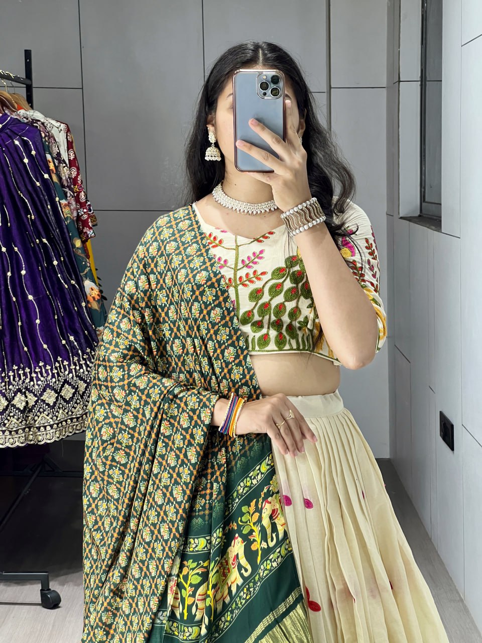Off-white cotton embroidered lehenga with green Gaji silk dupatta