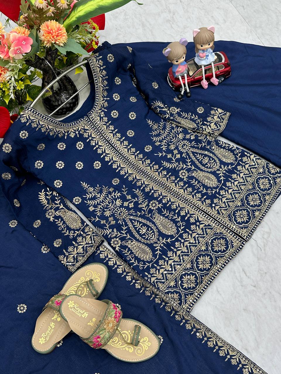 Enya Blue Color Chinon Embroidery Thread Sequence Work Kurti Palazzo Set