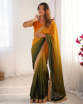 Shanvika yellow green pure Chinon silk saree featuring intricate thread embroidery and sequin lace border, paired with unstitched Mono Benglori embroidered blouse fabric – ideal for weddings, festive occasions, and party wear 