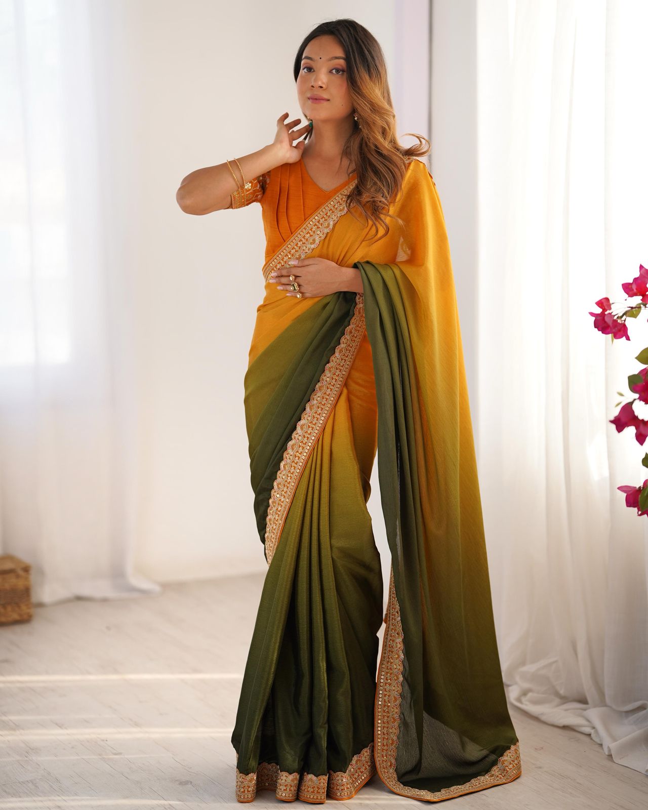 Shanvika yellow green pure Chinon silk saree featuring intricate thread embroidery and sequin lace border, paired with unstitched Mono Benglori embroidered blouse fabric – ideal for weddings, festive occasions, and party wear 