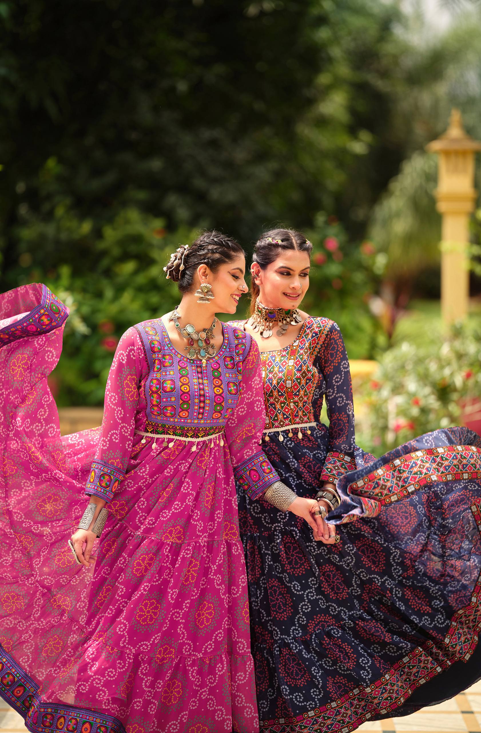 Navy Blue Faux Georgette Gamthi Jacquard Weaving Lace Border Three Layer Ruffle Flair Gown