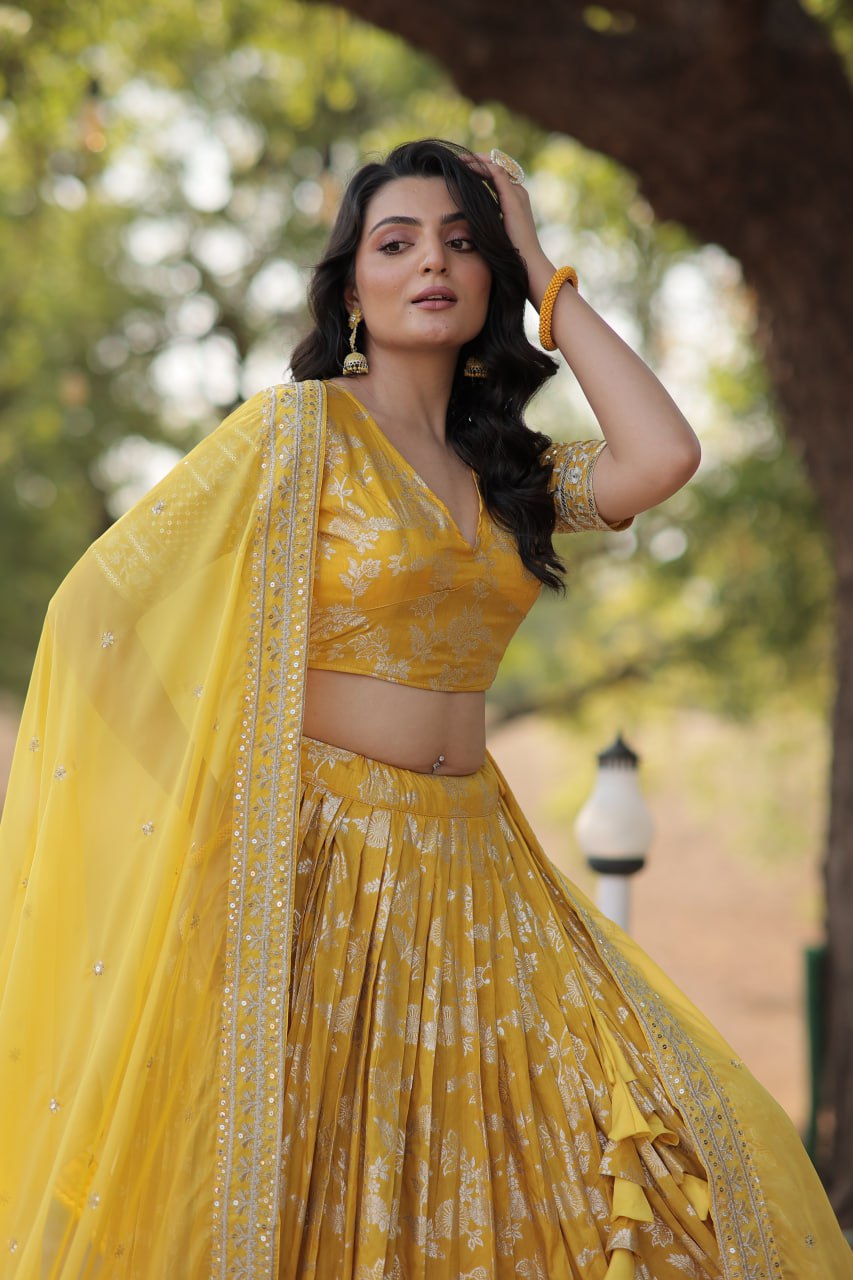 Pranshi yellow viscose jacquard lehenga choli set