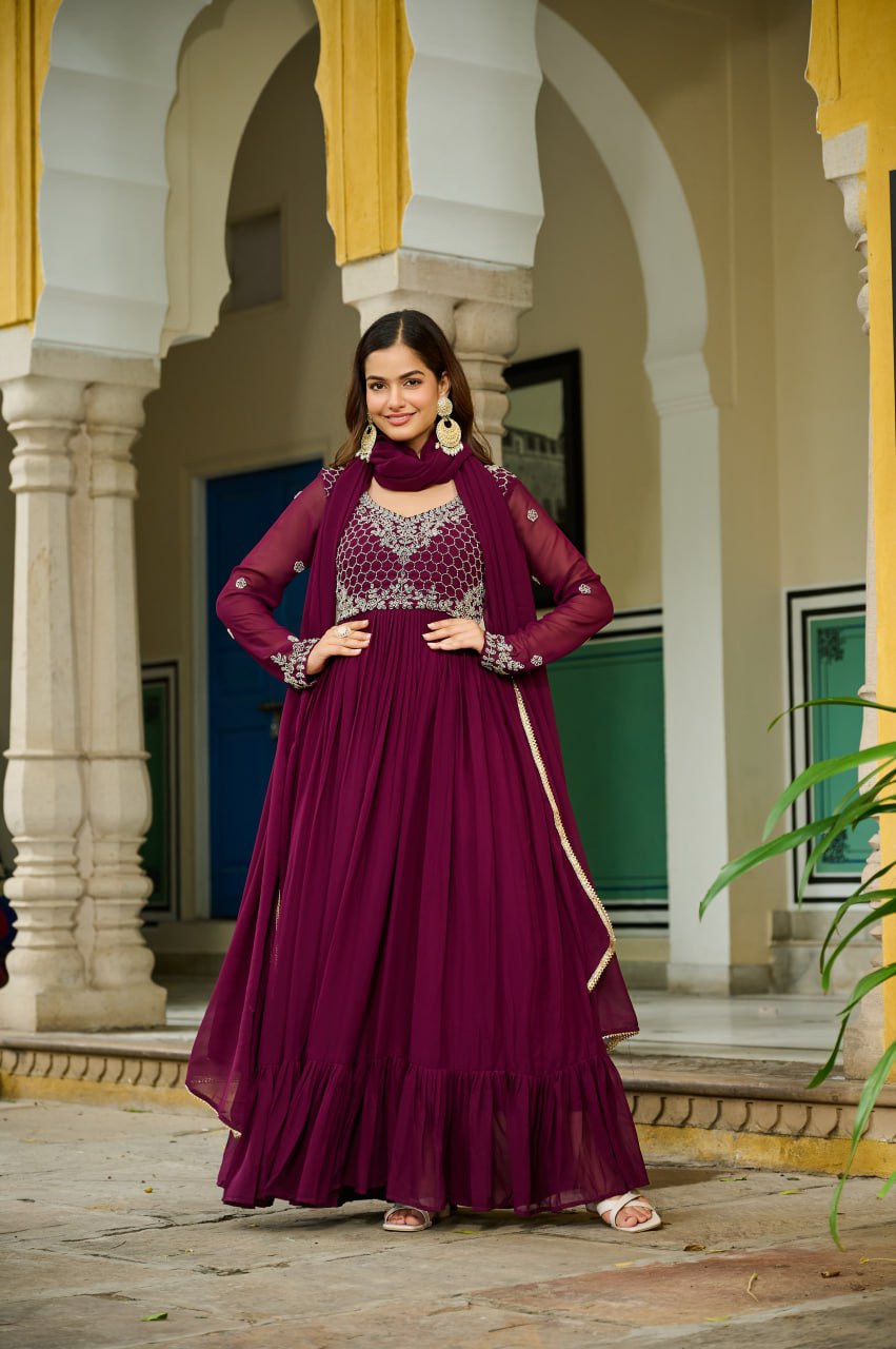 Wine Color Faux Blooming Beads Embroidered Gown with Dupatta