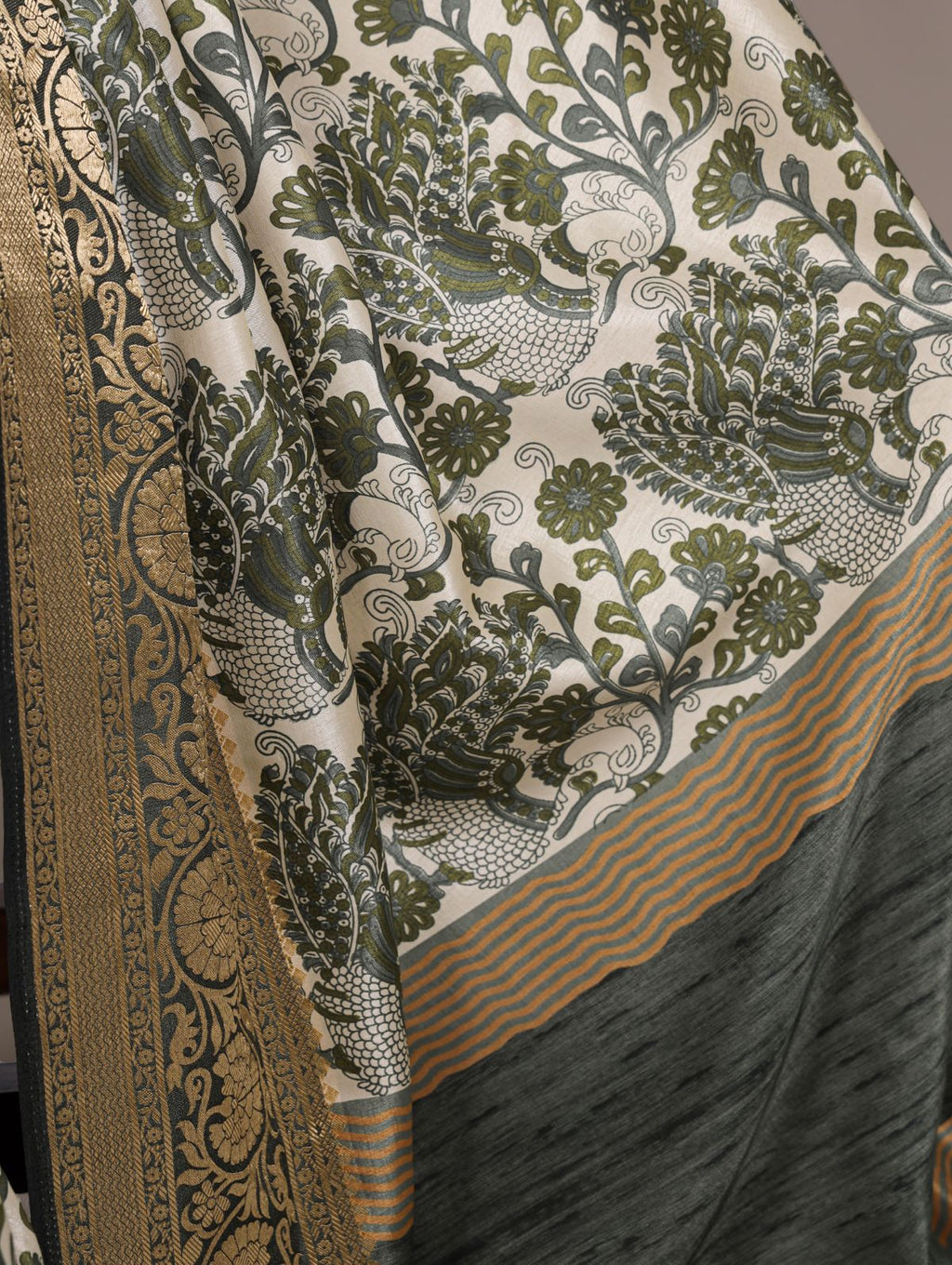 Green Color Tasar Silk Printed Saree with Viscose Border and Blouse