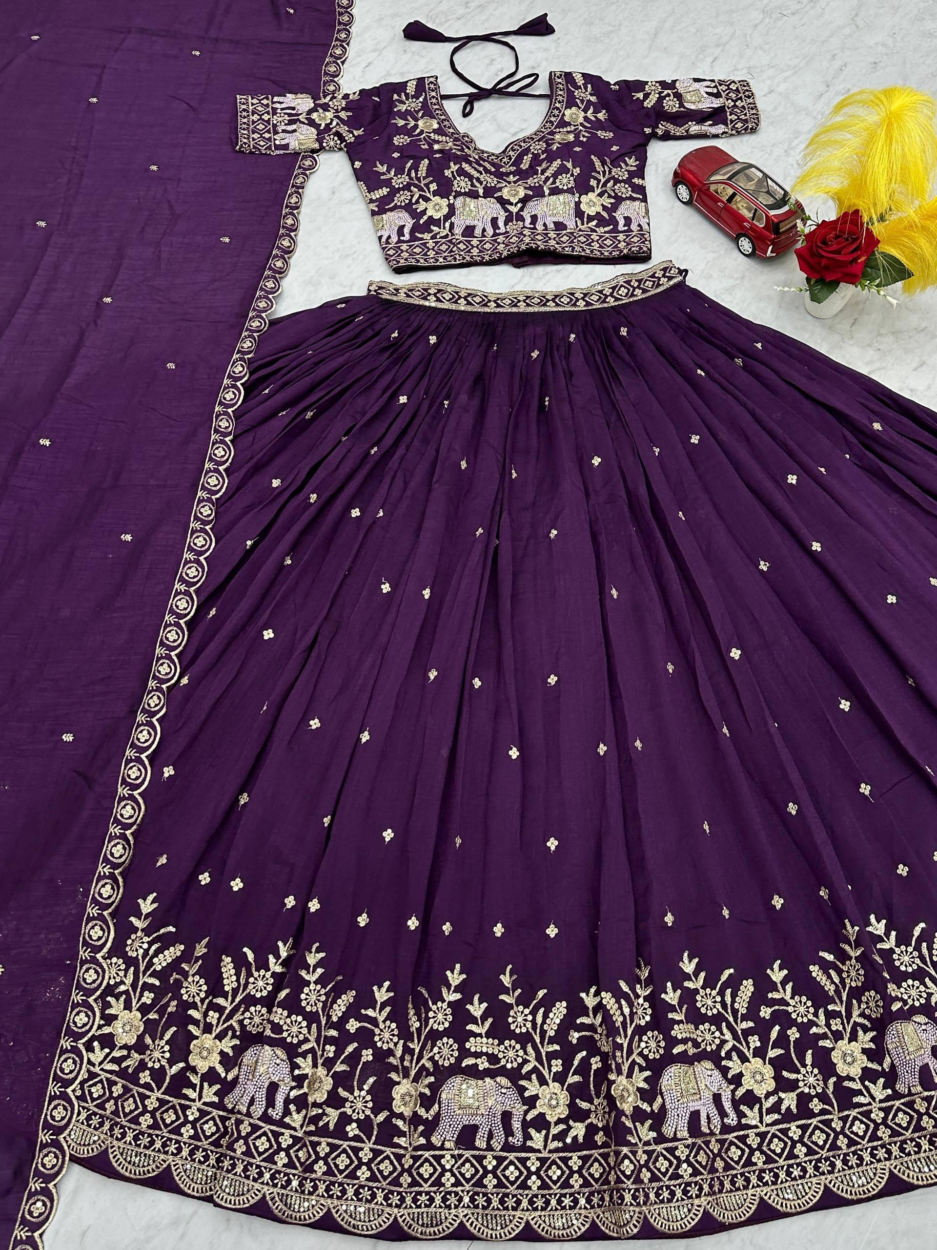 Gopi Deep Purple Color Vichitra Silk Embroidery Sequins Thread Work Lehenga Choli