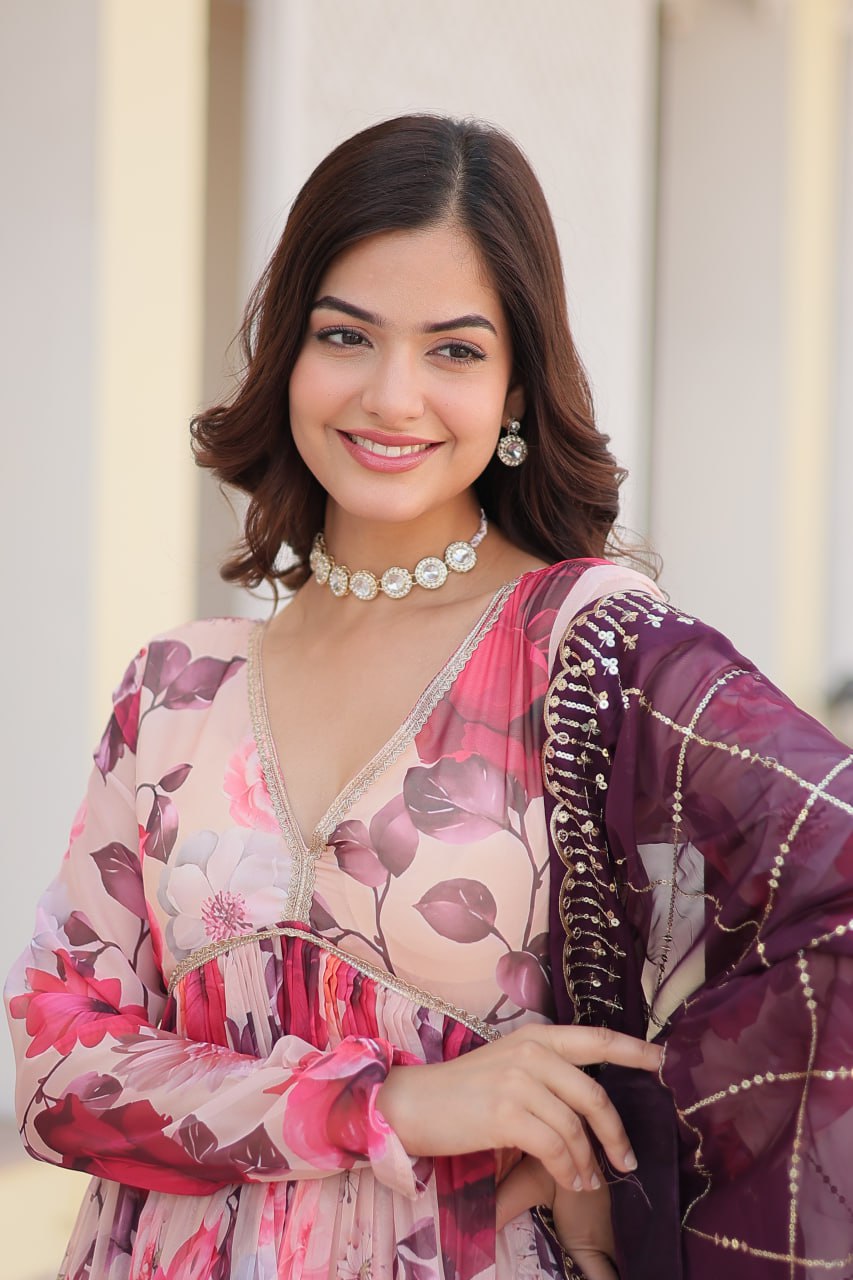 Savitri russian silk printed alia cut pink anarkali suit set