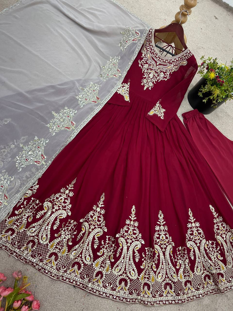 Tejvini Maroon Georgette Embroidered Gown with Dupatta