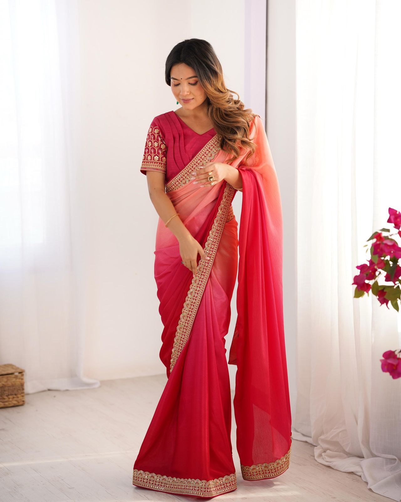 Shanvika pink pure Chinon silk saree with intricate thread embroidery and sequin lace border, paired with unstitched Mono Benglori embroidered blouse fabric – perfect for weddings, festive celebrations, and party wear 