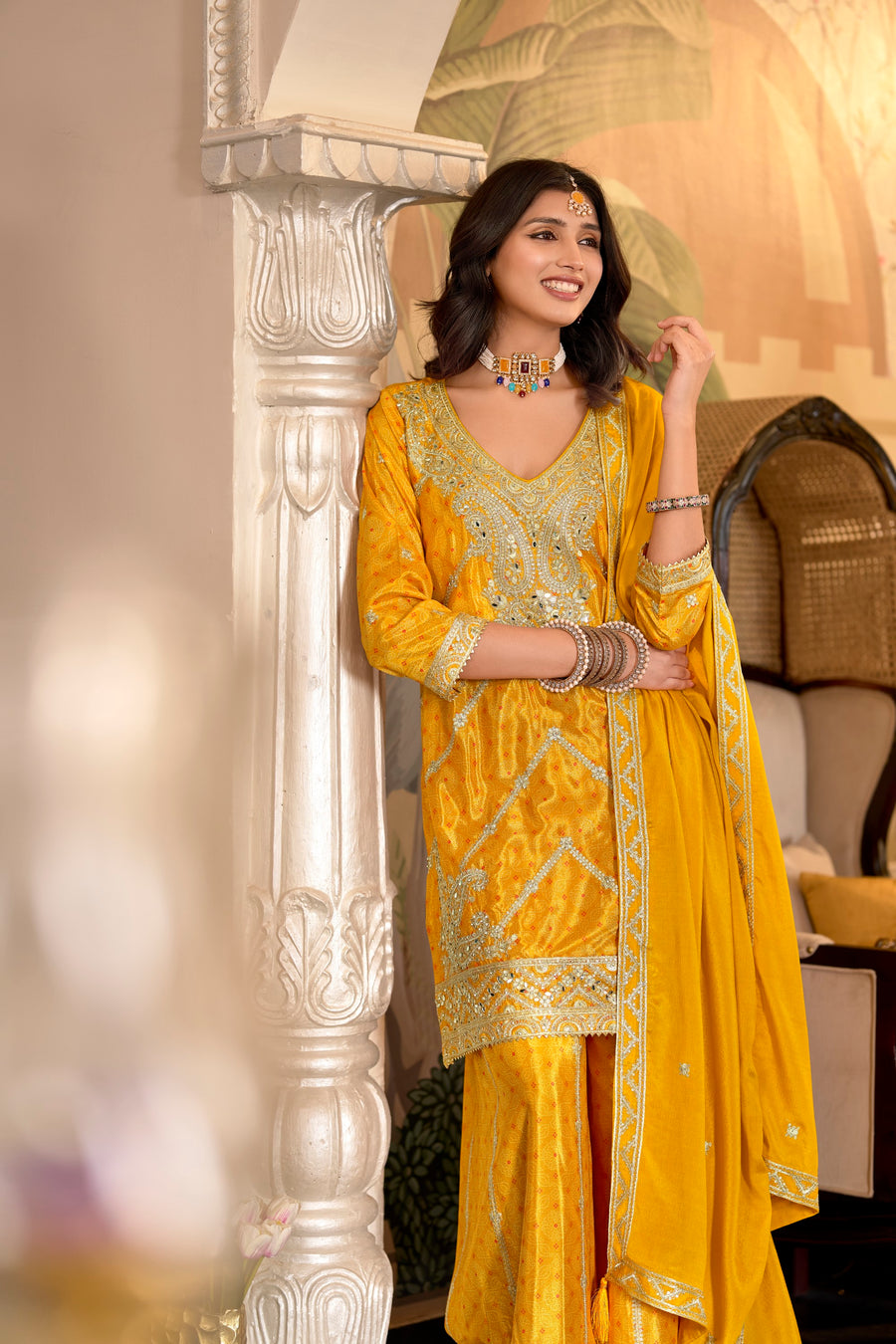 Meera Chinon Silk Embroidered Designer Kurti Sharara Set