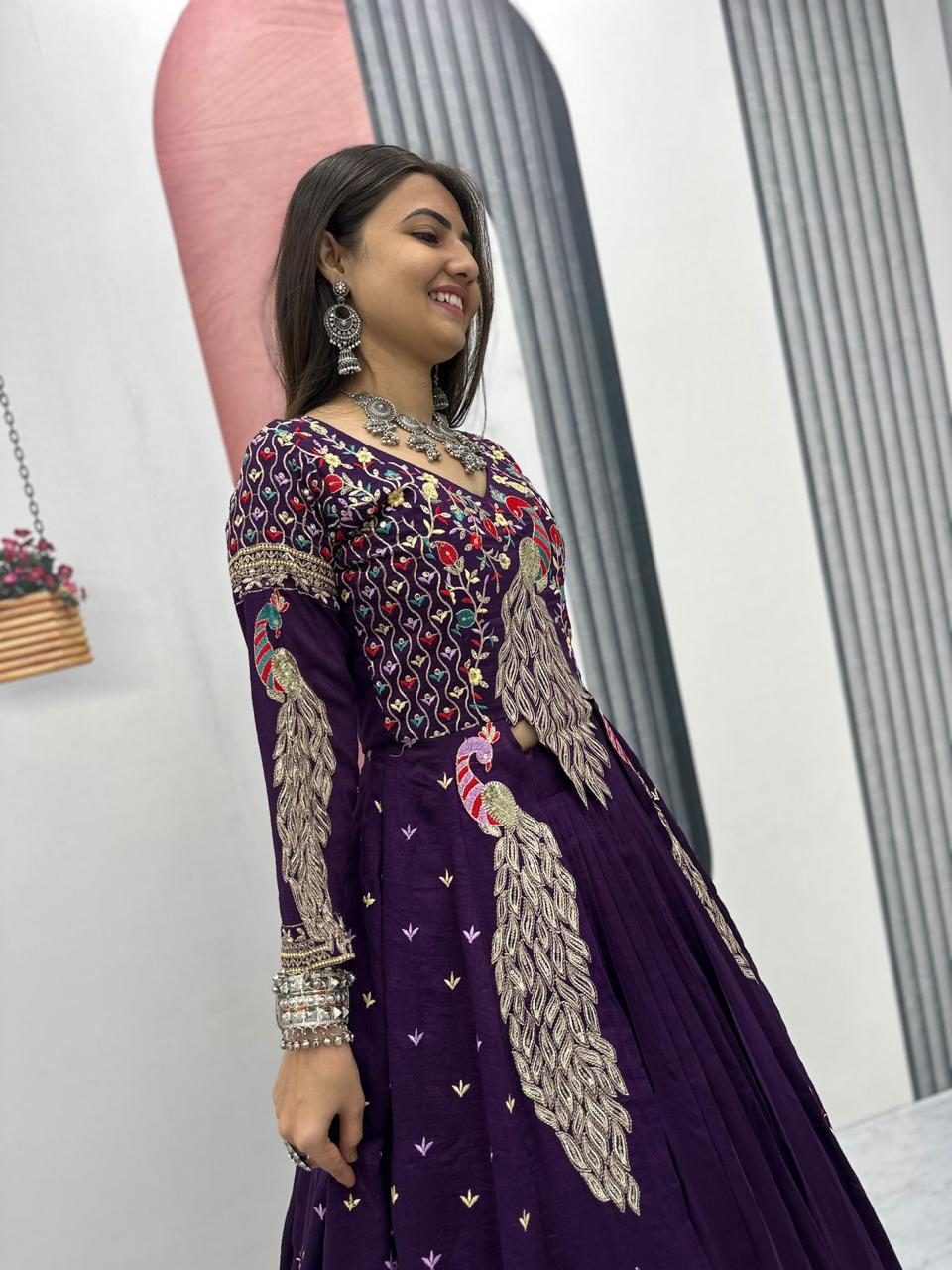Mani purple Vichitra silk crop top peacock design lehenga with embroidered shrug