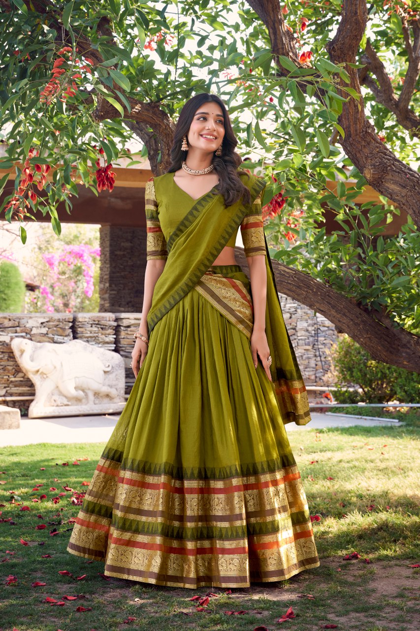 Green Pure Chanderi Lehenga Choli with Zari Weaving Work & Dupatta