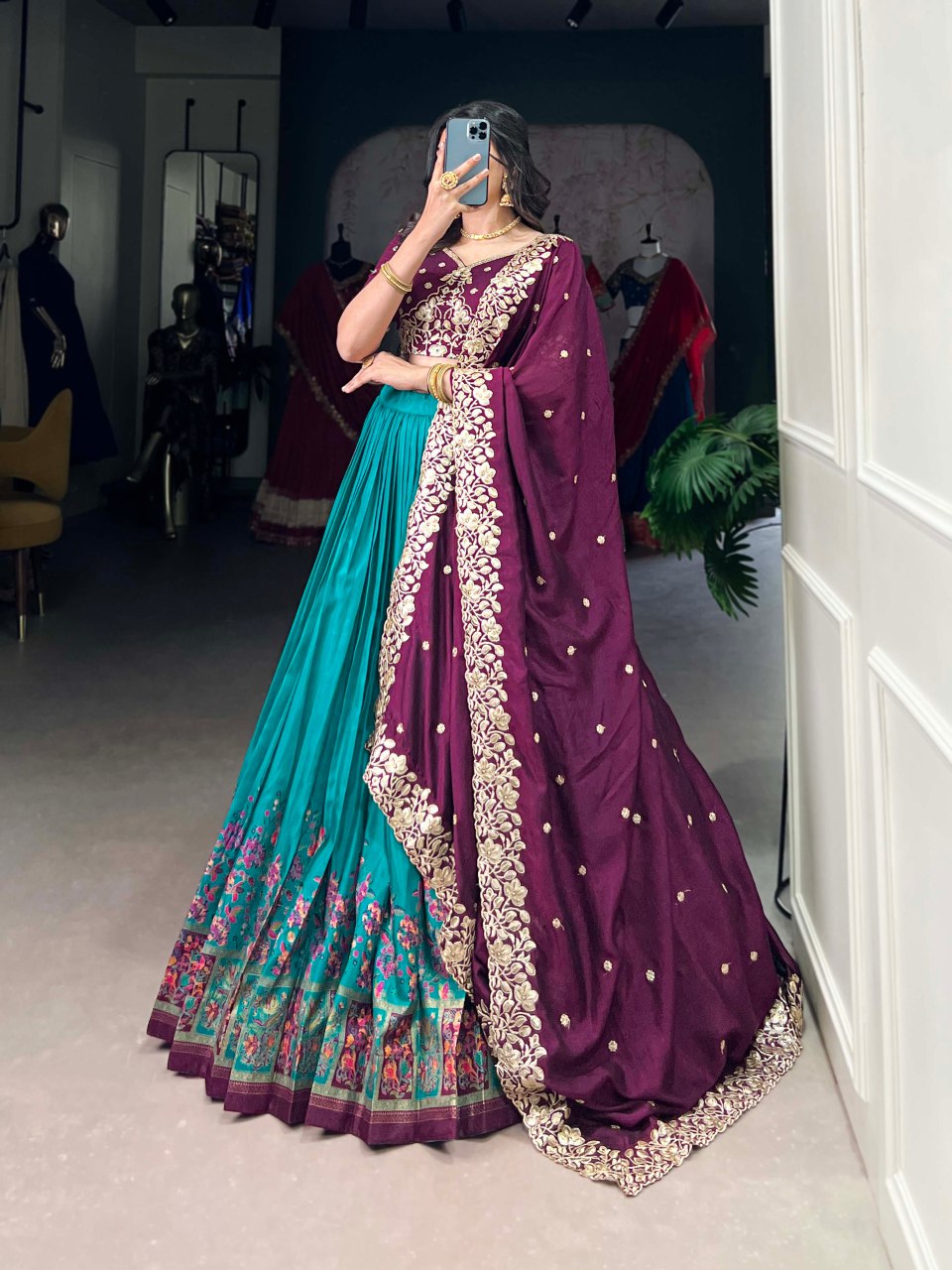 Teal Tussar silk lehenga with foil print and embroidered dupatta