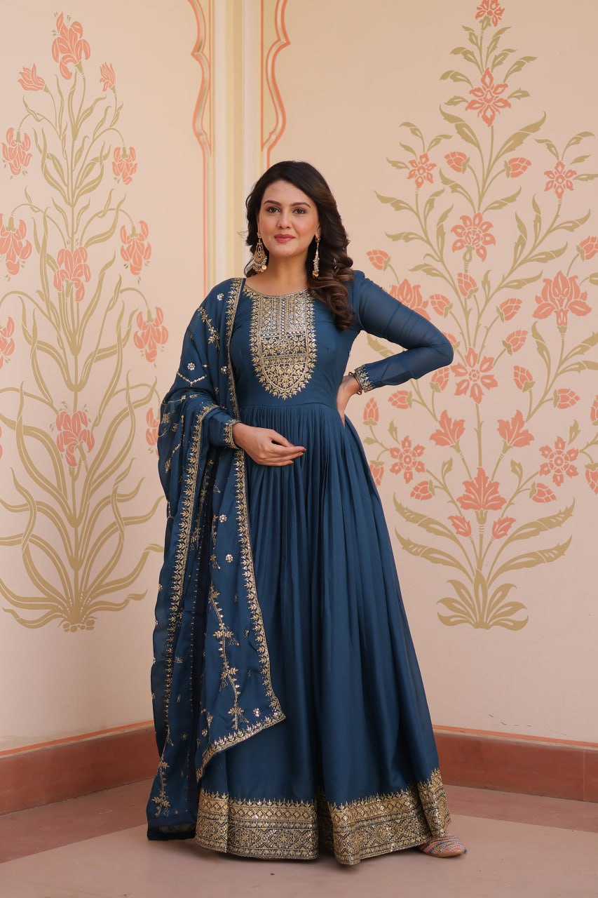 Rama Blue Star Georgette Zari Sequins Embroidered Gown with Dupatta
