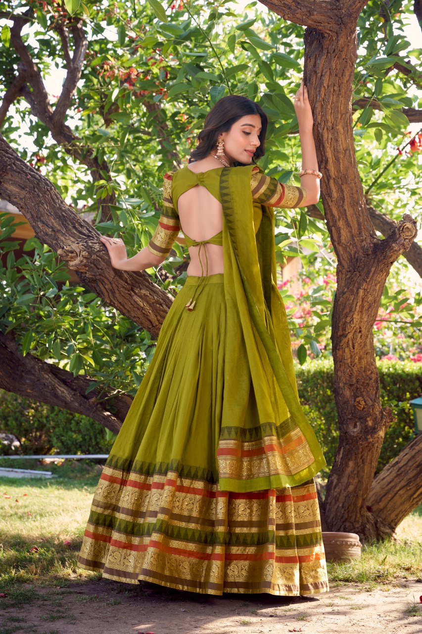 Green Pure Chanderi Lehenga Choli with Zari Weaving Work & Dupatta