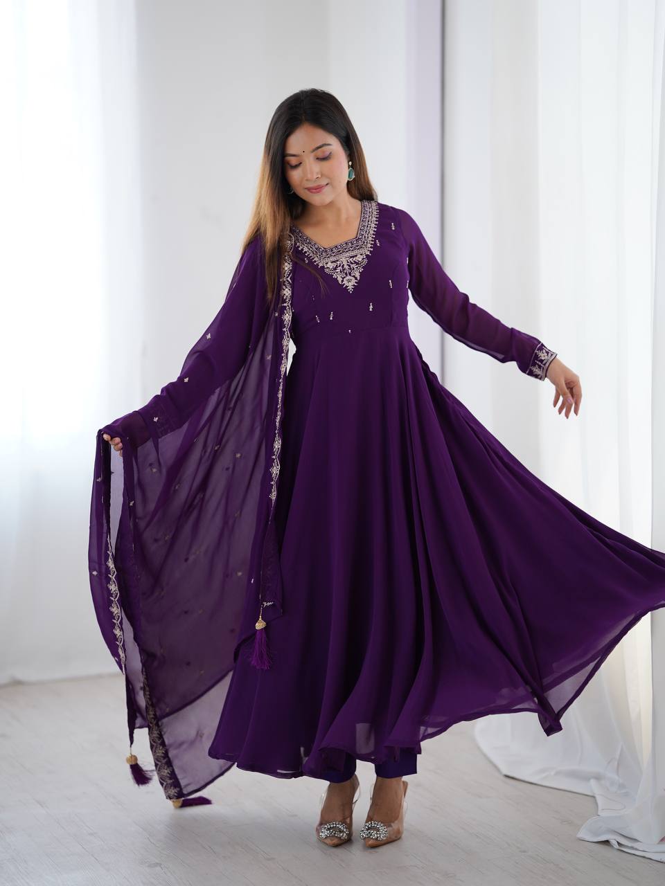 Purple Anarkali suit in soft Fox Georgette with 6.5-meter flair, zari & beads embroidery, lace sleeves & dupatta – stitched & ready-to-wear.