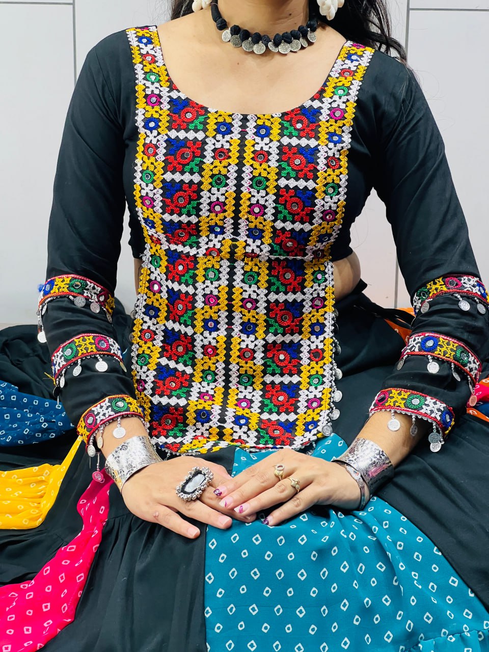 Black multicolor rayon cotton Bandhani print Kutchi mirror work top lehenga