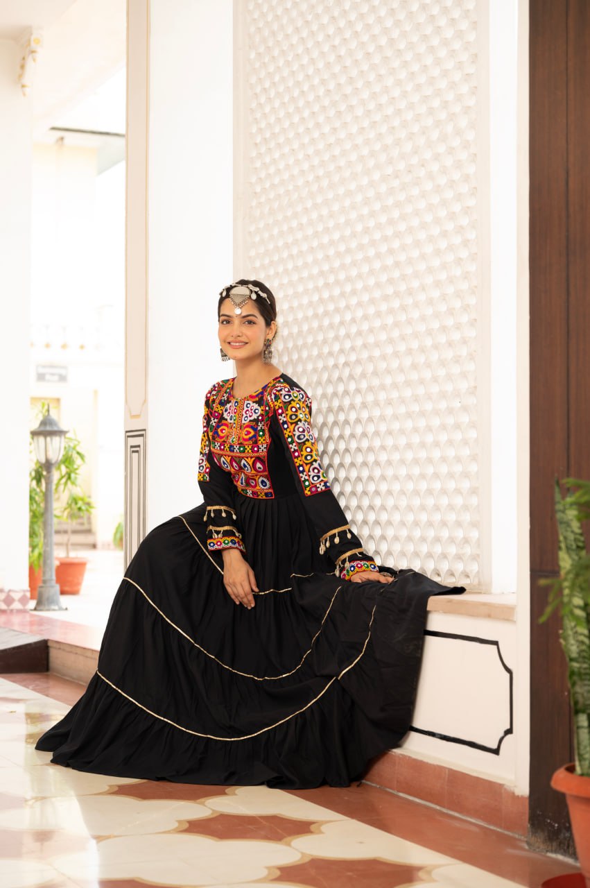 Black Kora Cotton Kutchi Gamthi Mirror Work and Kodi Lace Gown