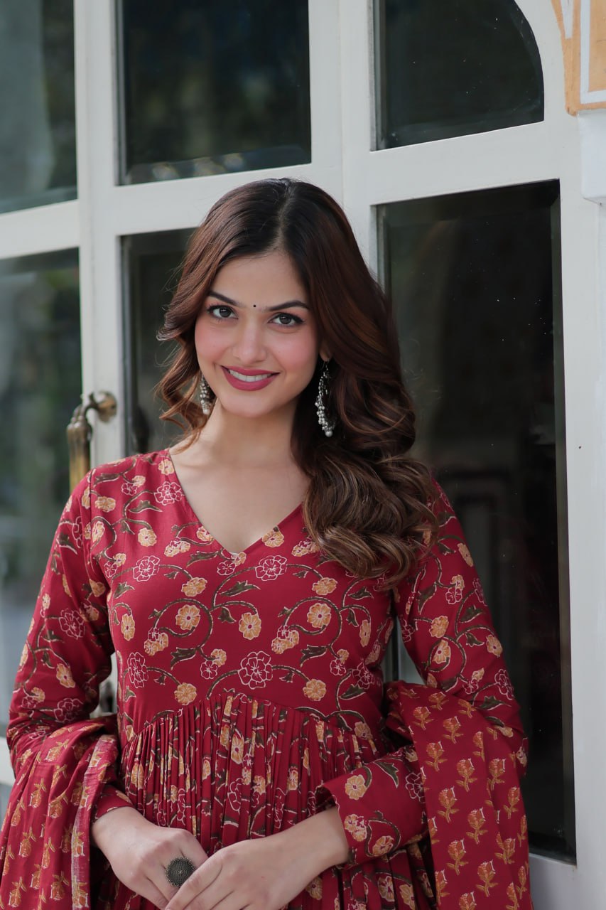 Himalini Red Pure Cotton Anarkali Suit Set