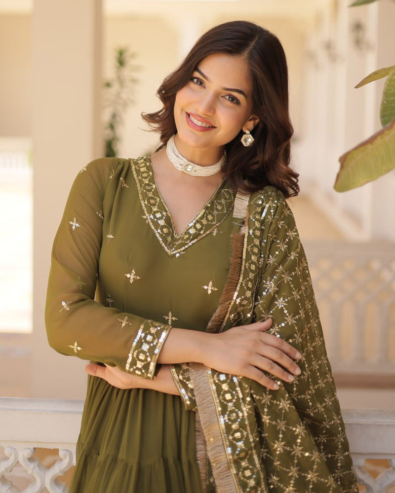 Ridhika mehendi green georgette anarkali gown suit set