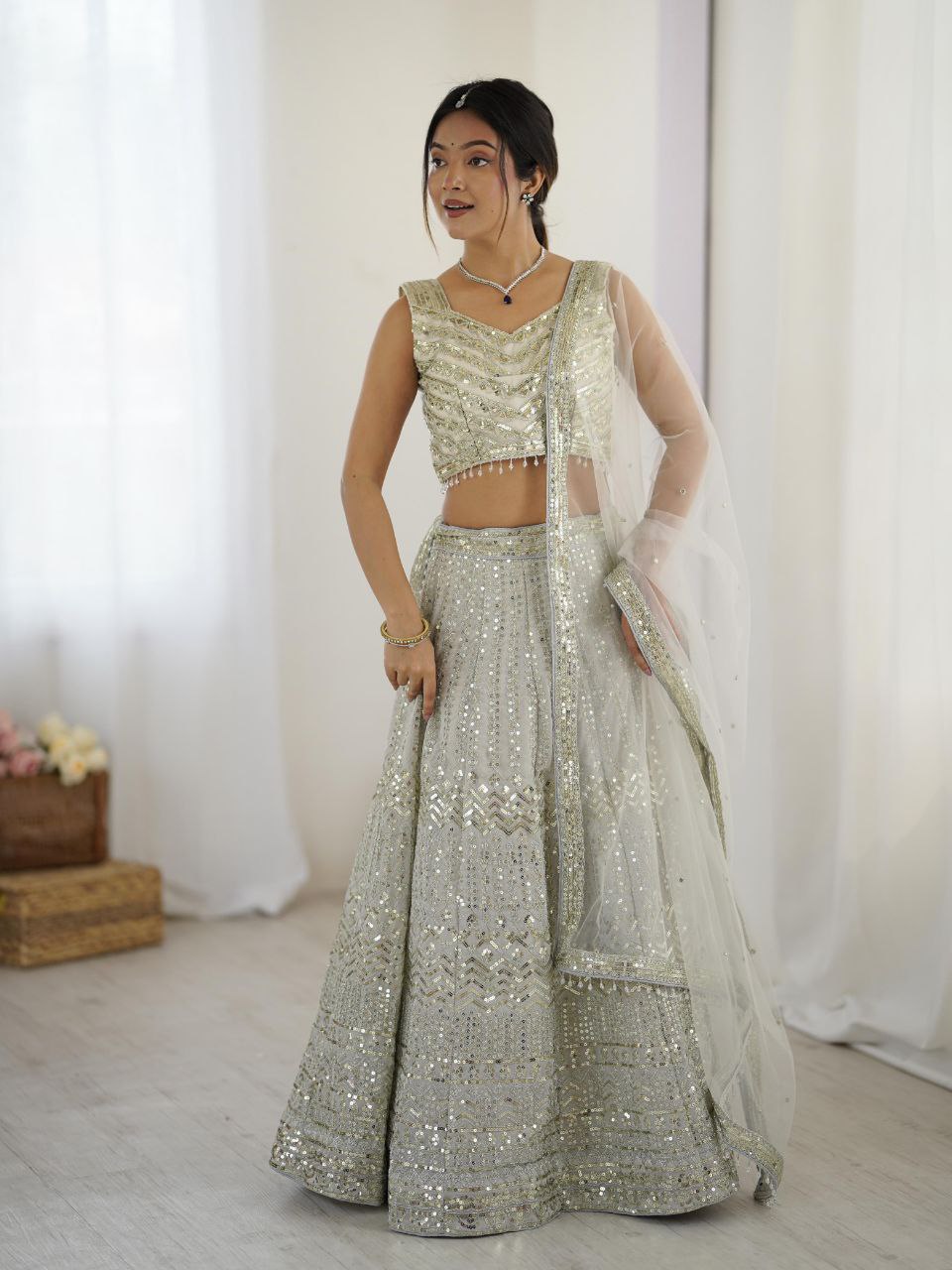 Silver grey georgette sequins and dori work lehenga choli with dupatta