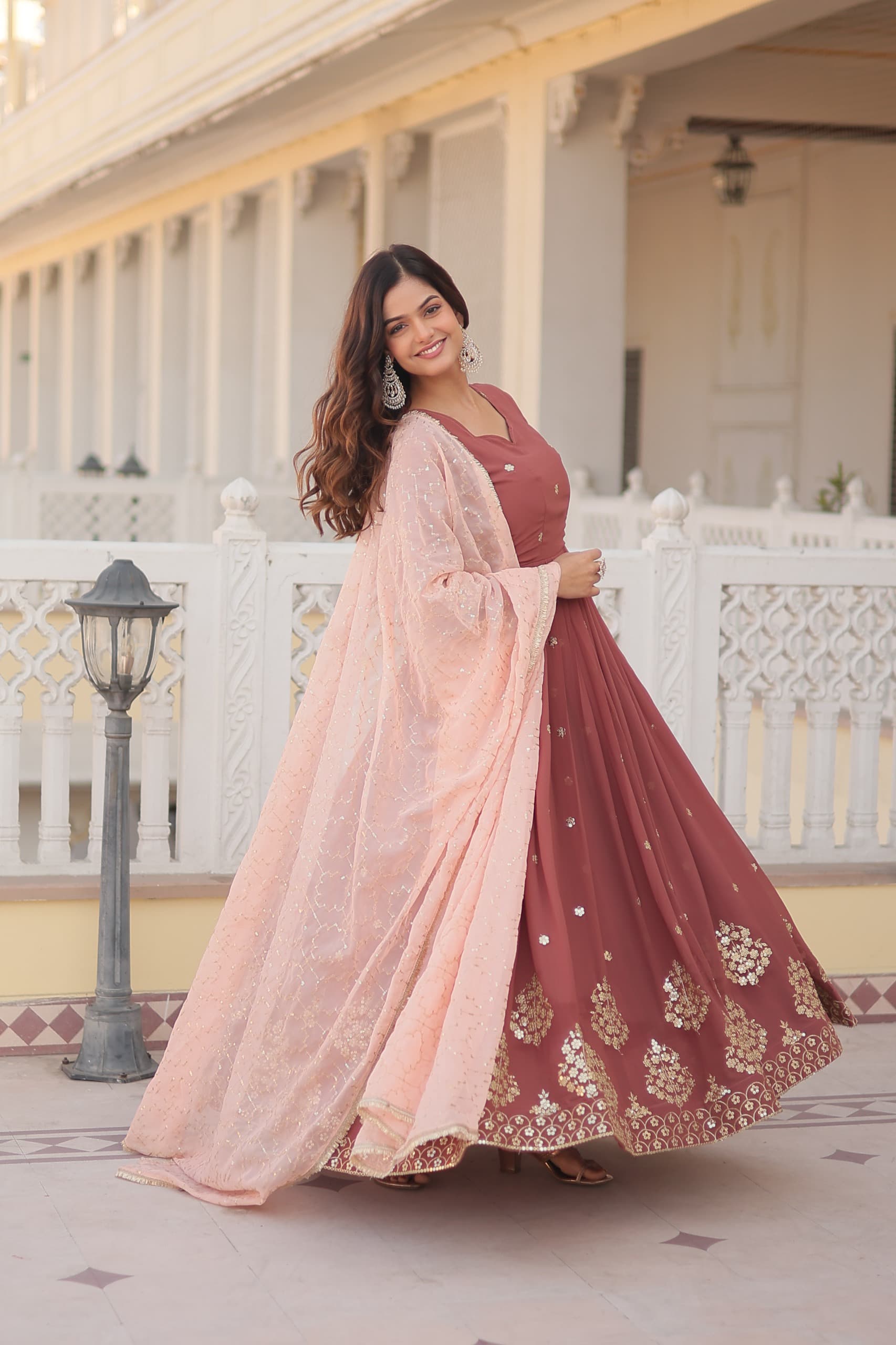 Vasudha brown georgette embroidered anarkali gown set