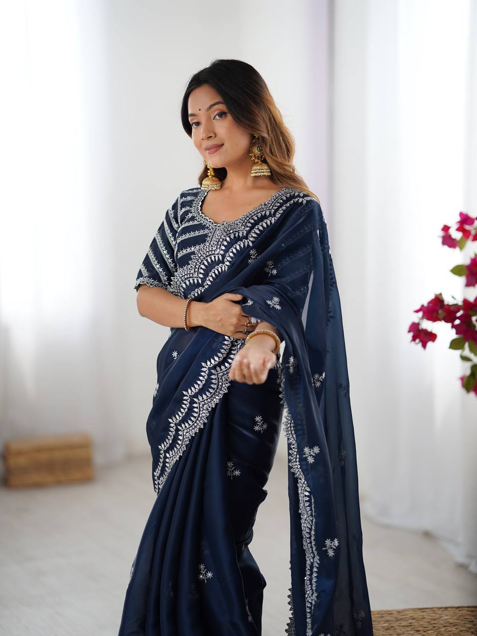 Navy blue Jimmy Choo fabric saree with thread & sequin embroidery, matching blouse—perfect for weddings, parties & festive occasions.