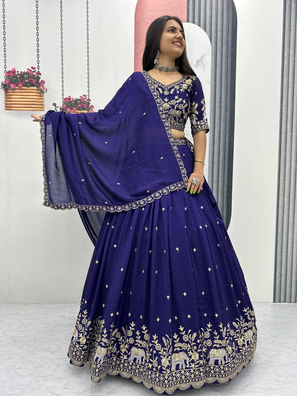 Gopi Navy Blue Vichitra Silk Embroidery Sequins Thread Work Lehenga Choli