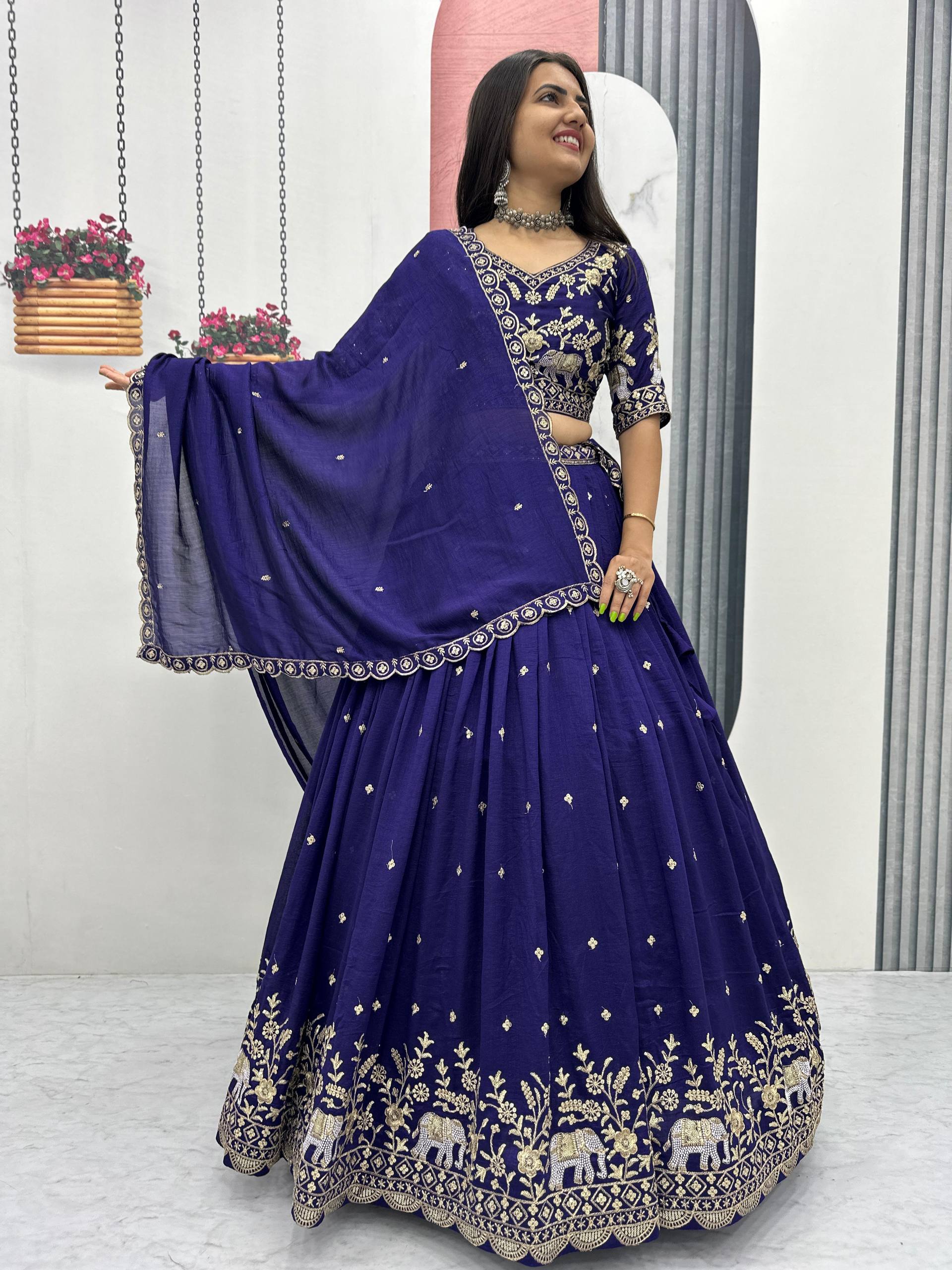 Gopi Navy Blue Vichitra Silk Embroidery Sequins Thread Work Lehenga Choli