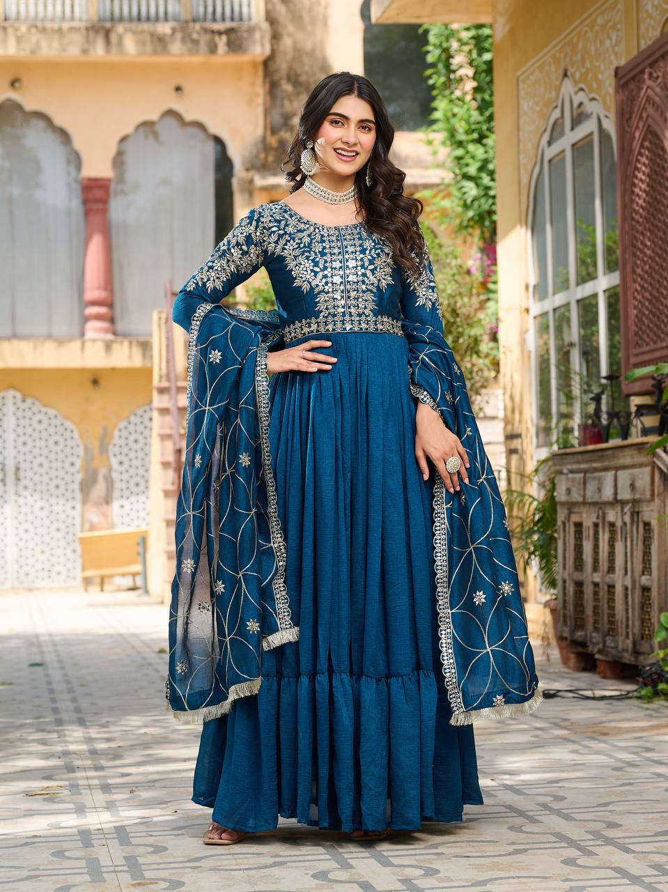 Piya Teal Blue Color Vichitra Silk Sequins Embroidered Gown with Dupatta