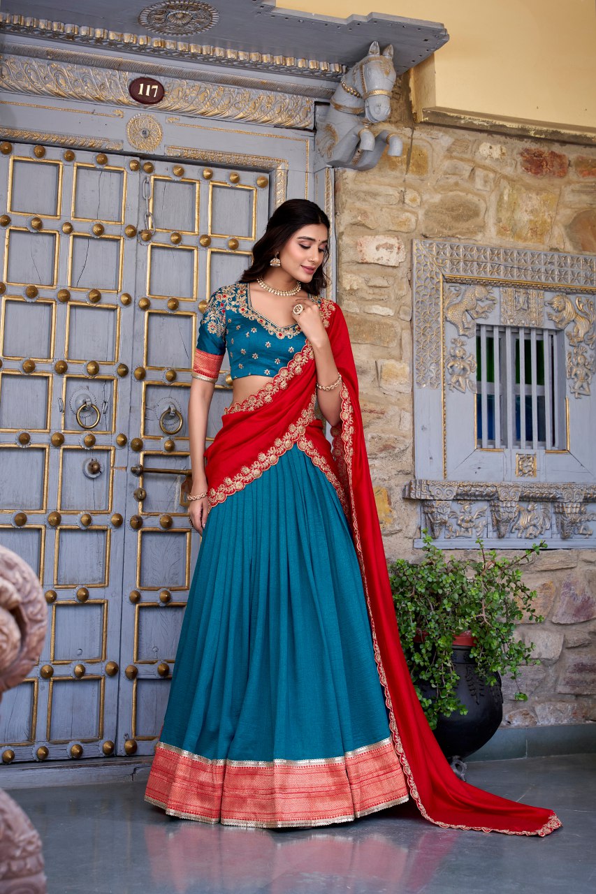 Teal Blue Vichitra Silk Zari Weaving Work Lehenga Choli with Dupatta