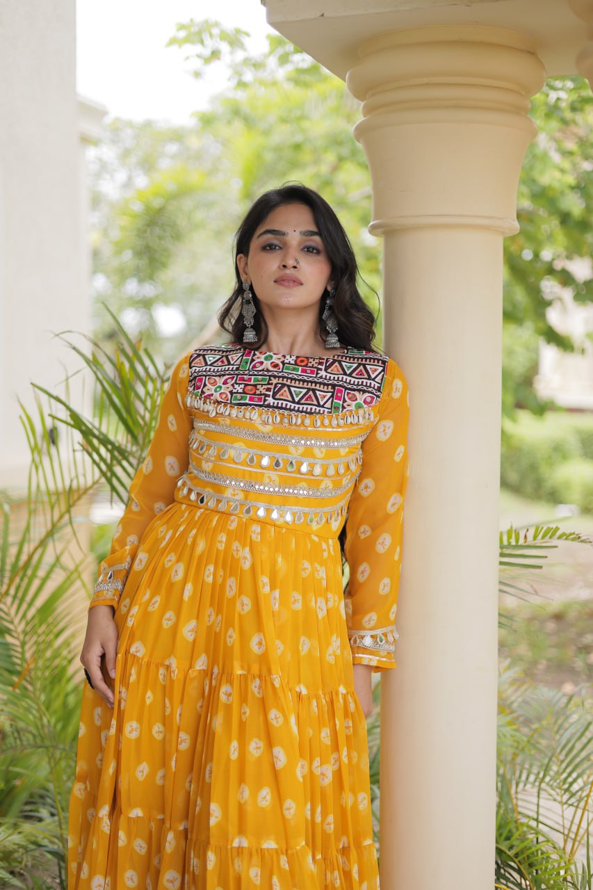 Lavanya Yellow Faux Georgette Bandhani Kutchi Patchwork Gown