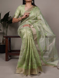 Pista Green Color Poly Shimmer Thread Embroidered Saree with Unstitched Blouse