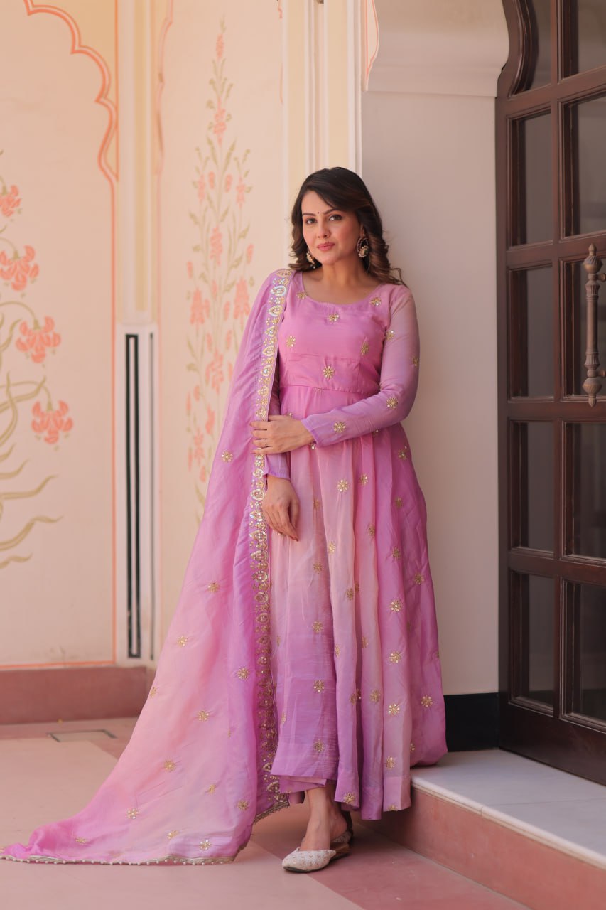 Pink Organza Flair Sequins Zari Embroidery Gown with Dupatta