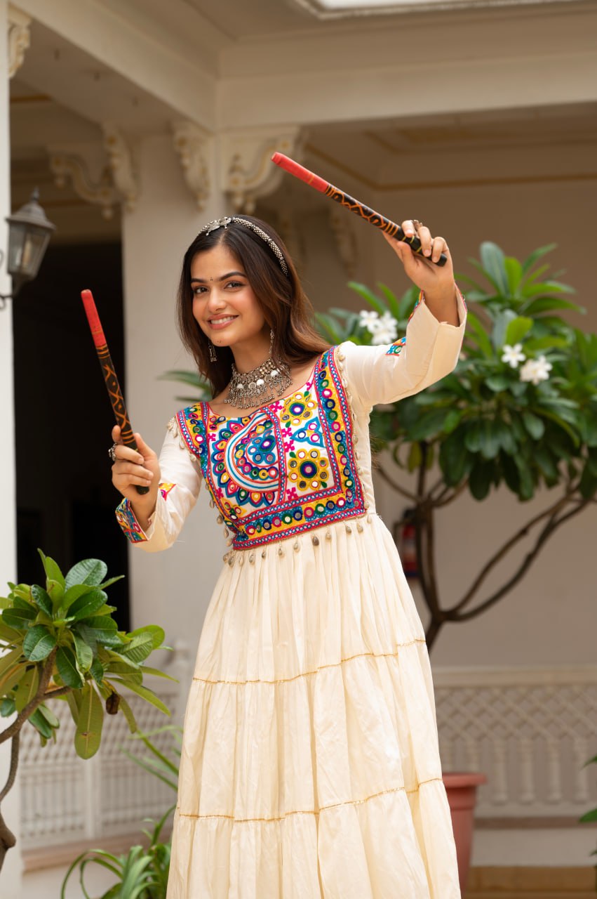 Off-White Kora Cotton Kutchi Gamthi Mirror Work and Kodi Lace Gown