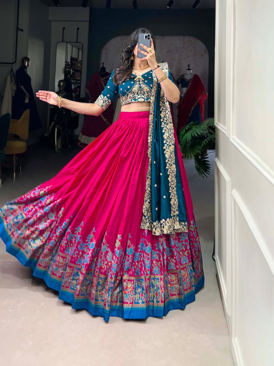 Pink Tussar Silk Lehenga with Foil Print and Embroidered Dupatta