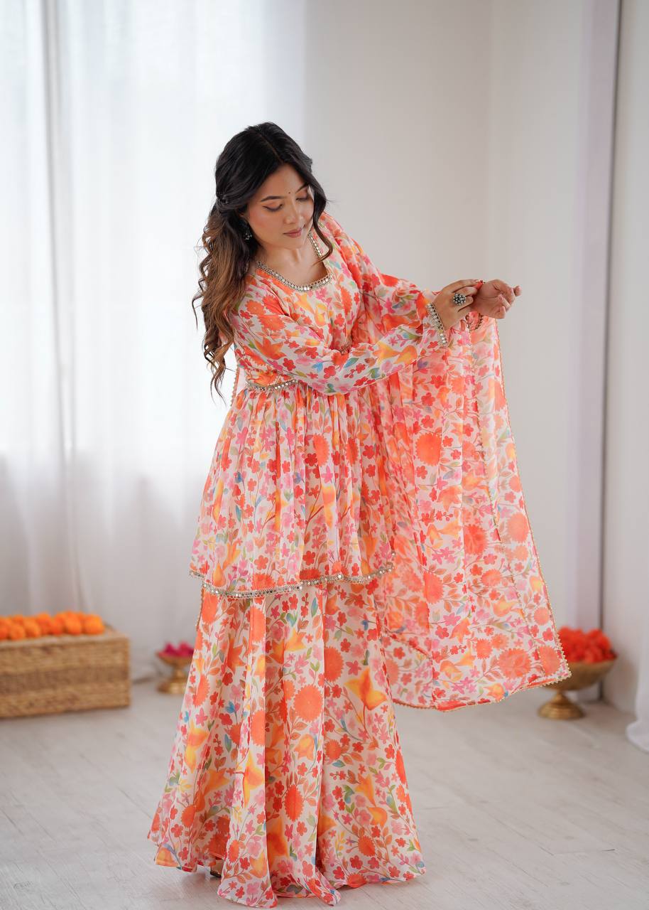 Orange pure soft taby organza floral print Kediya kurta set